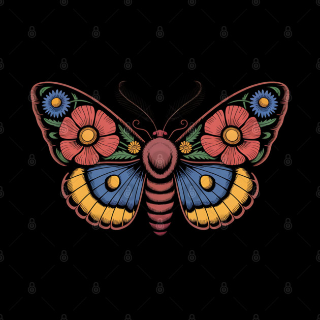 Bold Moth with Red-Blue and Yellow Botanical Wings by BirdsnStuff