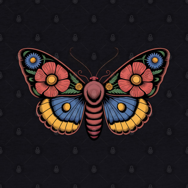 Bold Moth with Red-Blue and Yellow Botanical Wings by BirdsnStuff