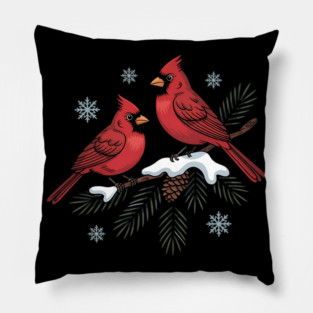 Winter Cardinals on Snowy Pine Tree Branch Nature Art Pillow