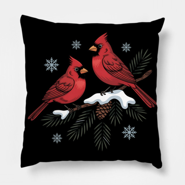 Winter Cardinals on Snowy Pine Tree Branch Nature Art Pillow by BirdsnStuff