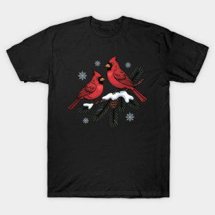 Winter Cardinals on Snowy Pine Tree Branch Nature Art T-Shirt