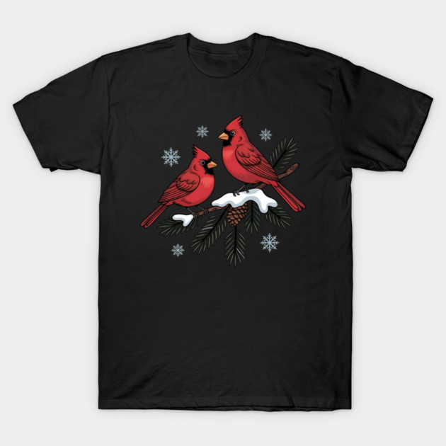 Winter Cardinals on Snowy Pine Tree Branch Nature Art T-Shirt by BirdsnStuff