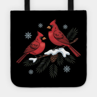 Winter Cardinals on Snowy Pine Tree Branch Nature Art Tote