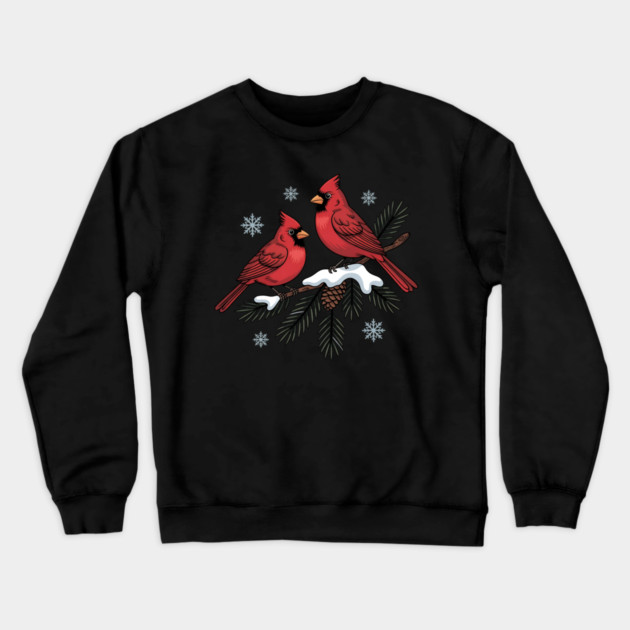 Winter Cardinals on Snowy Pine Tree Branch Nature Art Crewneck Sweatshirt by BirdsnStuff