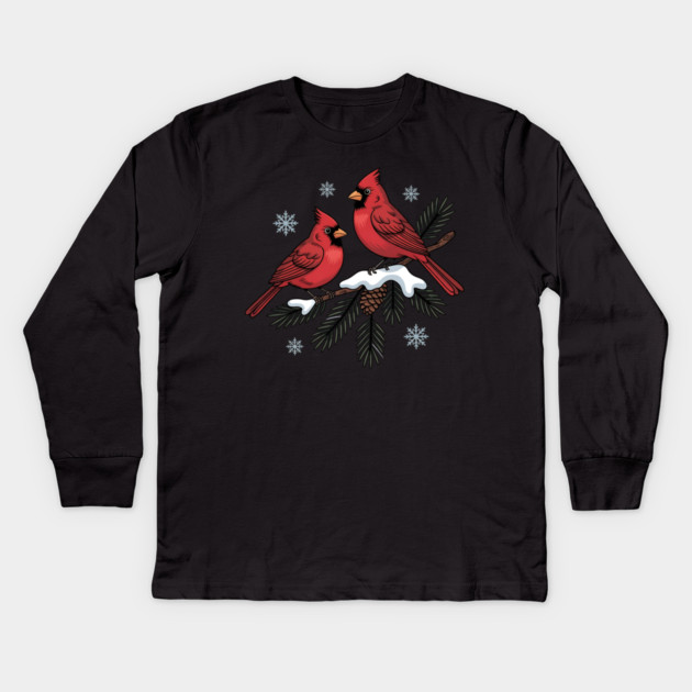 Winter Cardinals on Snowy Pine Tree Branch Nature Art Kids Long Sleeve T-Shirt by BirdsnStuff