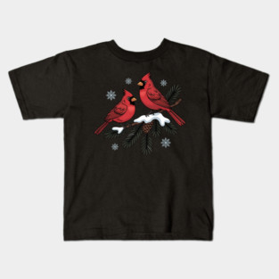 Winter Cardinals on Snowy Pine Tree Branch Nature Art Kids T-Shirt