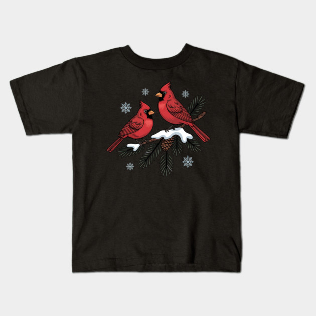 Winter Cardinals on Snowy Pine Tree Branch Nature Art Kids T-Shirt by BirdsnStuff