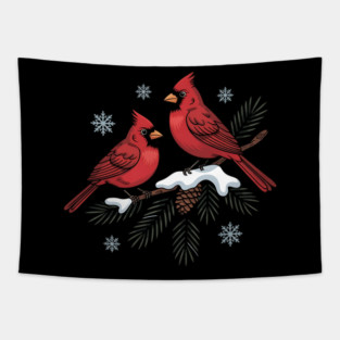 Winter Cardinals on Snowy Pine Tree Branch Nature Art Tapestry