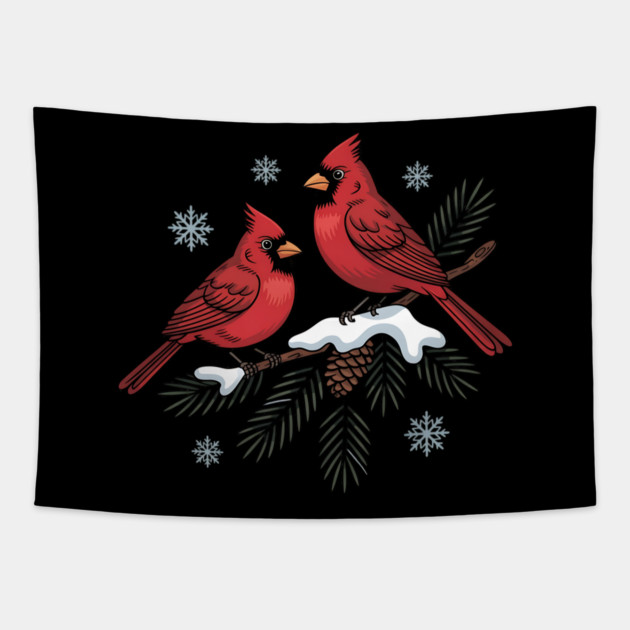 Winter Cardinals on Snowy Pine Tree Branch Nature Art Tapestry by BirdsnStuff