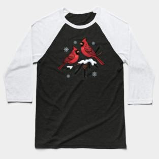 Winter Cardinals on Snowy Pine Tree Branch Nature Art Baseball T-Shirt