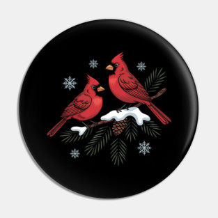 Winter Cardinals on Snowy Pine Tree Branch Nature Art Pin