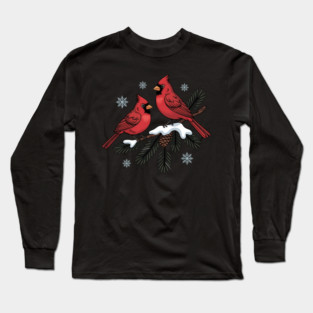 Winter Cardinals on Snowy Pine Tree Branch Nature Art Long Sleeve T-Shirt