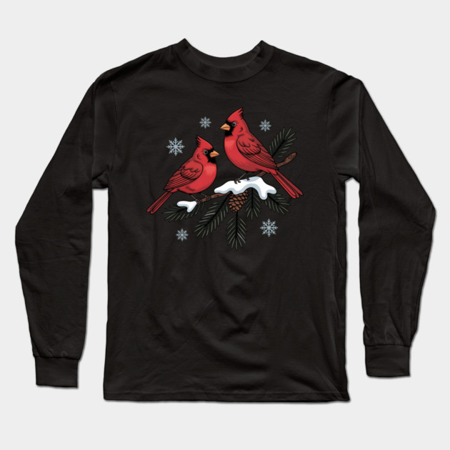 Winter Cardinals on Snowy Pine Tree Branch Nature Art Long Sleeve T-Shirt by BirdsnStuff