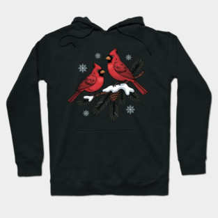Winter Cardinals on Snowy Pine Tree Branch Nature Art Hoodie