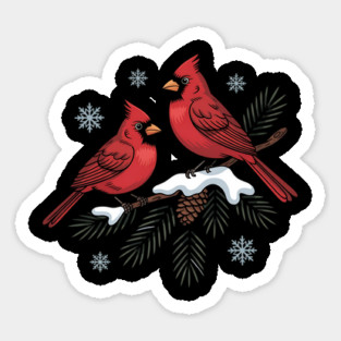Winter Cardinals on Snowy Pine Tree Branch Nature Art Sticker