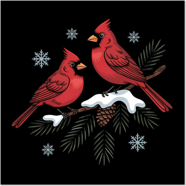 Winter Cardinals on Snowy Pine Tree Branch Nature Art Wall Art by BirdsnStuff