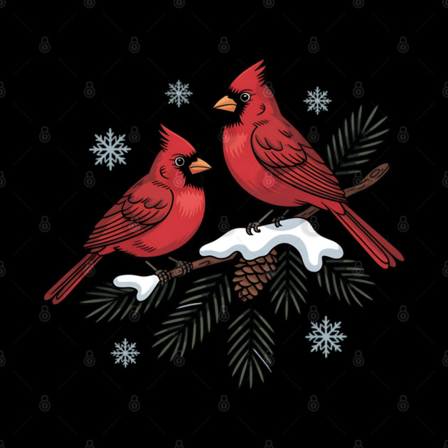 Winter Cardinals on Snowy Pine Tree Branch Nature Art by BirdsnStuff