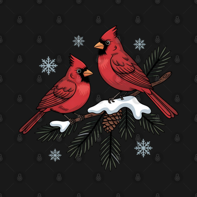 Winter Cardinals on Snowy Pine Tree Branch Nature Art by BirdsnStuff