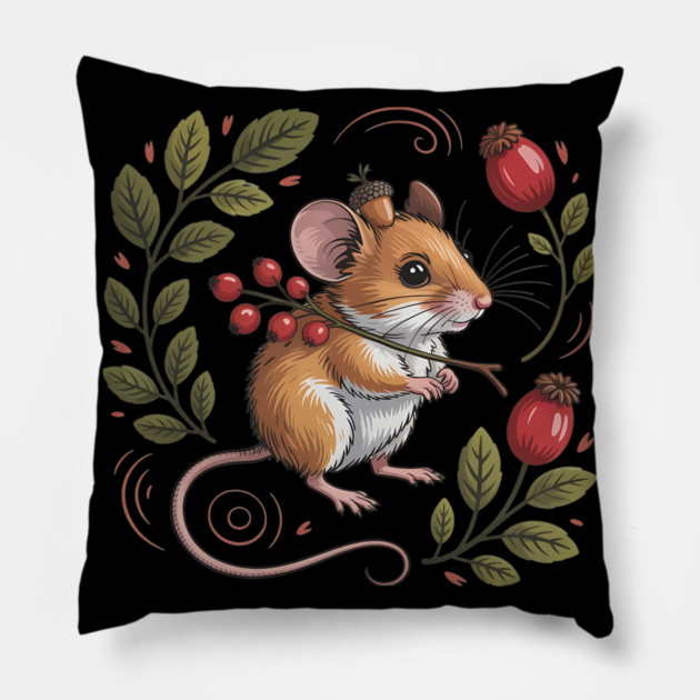 Whimsical Autumn Mouse with Berries and Acorn Hat Design Pillow by BirdsnStuff