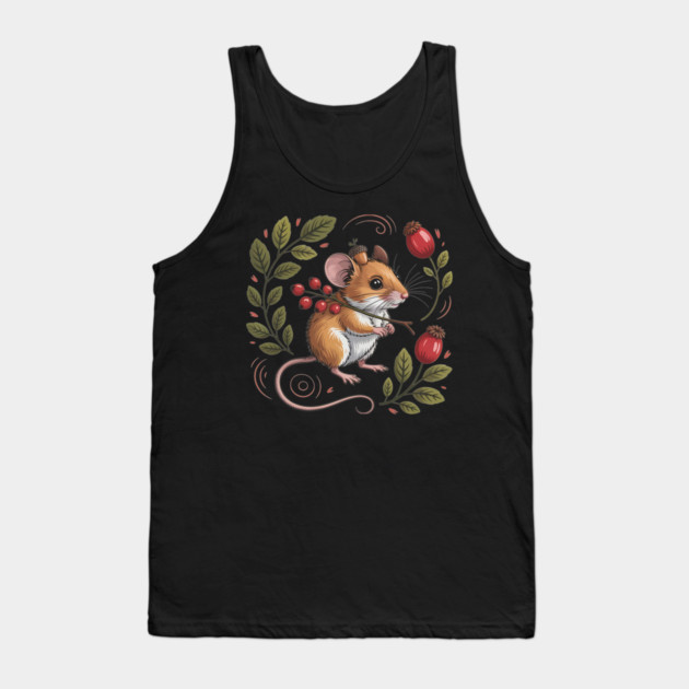 Whimsical Autumn Mouse with Berries and Acorn Hat Design Tank Top by BirdsnStuff