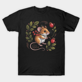 Whimsical Autumn Mouse with Berries and Acorn Hat Design T-Shirt