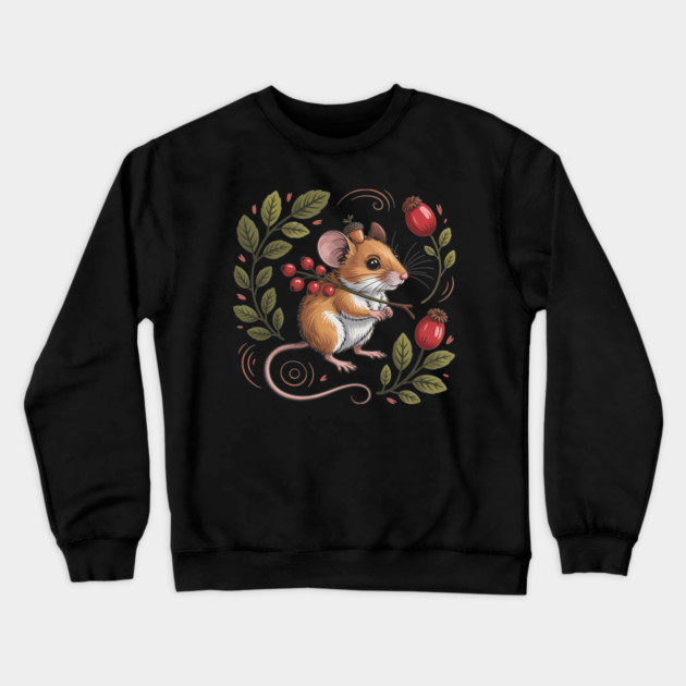 Whimsical Autumn Mouse with Berries and Acorn Hat Design Crewneck Sweatshirt by BirdsnStuff