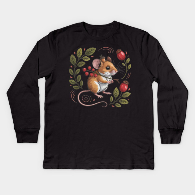 Whimsical Autumn Mouse with Berries and Acorn Hat Design Kids Long Sleeve T-Shirt by BirdsnStuff