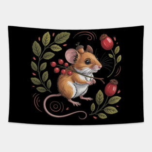 Whimsical Autumn Mouse with Berries and Acorn Hat Design Tapestry