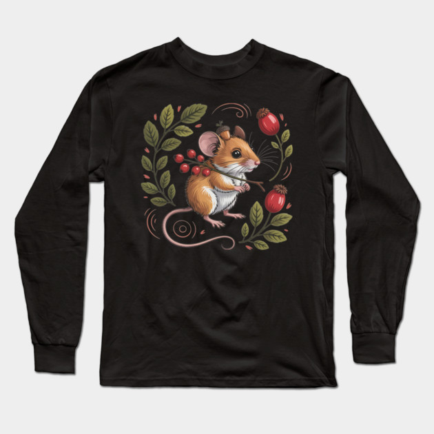 Whimsical Autumn Mouse with Berries and Acorn Hat Design Long Sleeve T-Shirt by BirdsnStuff