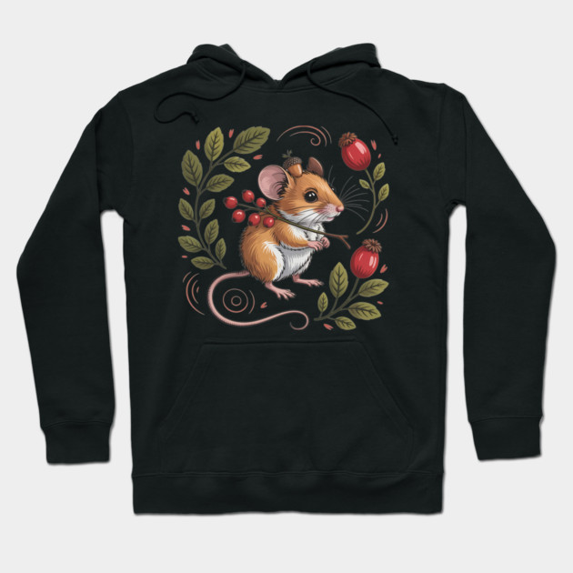Whimsical Autumn Mouse with Berries and Acorn Hat Design Hoodie by BirdsnStuff