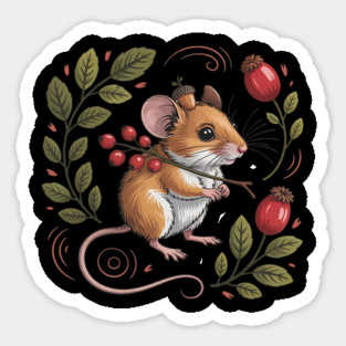 Whimsical Autumn Mouse with Berries and Acorn Hat Design Sticker