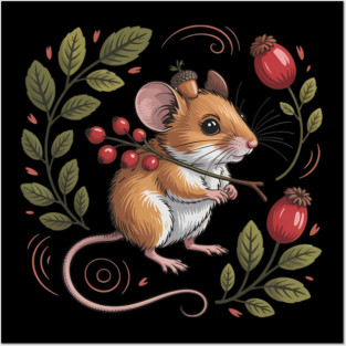 Whimsical Autumn Mouse with Berries and Acorn Hat Design Posters and Art