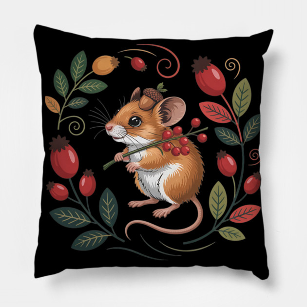 Whimsical Autumn Mouse with Berries and Acorn Hat Design 2 Pillow by BirdsnStuff