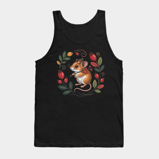 Whimsical Autumn Mouse with Berries and Acorn Hat Design 2 Tank Top by BirdsnStuff
