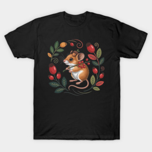 Whimsical Autumn Mouse with Berries and Acorn Hat Design 2 T-Shirt