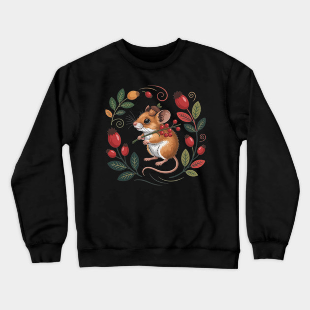 Whimsical Autumn Mouse with Berries and Acorn Hat Design 2 Crewneck Sweatshirt by BirdsnStuff