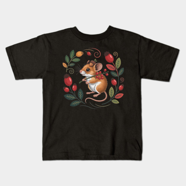 Whimsical Autumn Mouse with Berries and Acorn Hat Design 2 Kids T-Shirt by BirdsnStuff