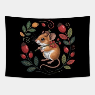 Whimsical Autumn Mouse with Berries and Acorn Hat Design 2 Tapestry