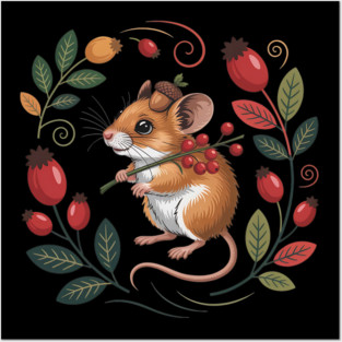Whimsical Autumn Mouse with Berries and Acorn Hat Design 2 Posters and Art