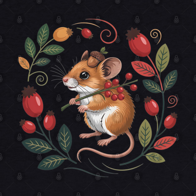Whimsical Autumn Mouse with Berries and Acorn Hat Design 2 by BirdsnStuff