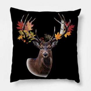 Autumn Woodland Deer with Leaf-Filled Antlers Pillow