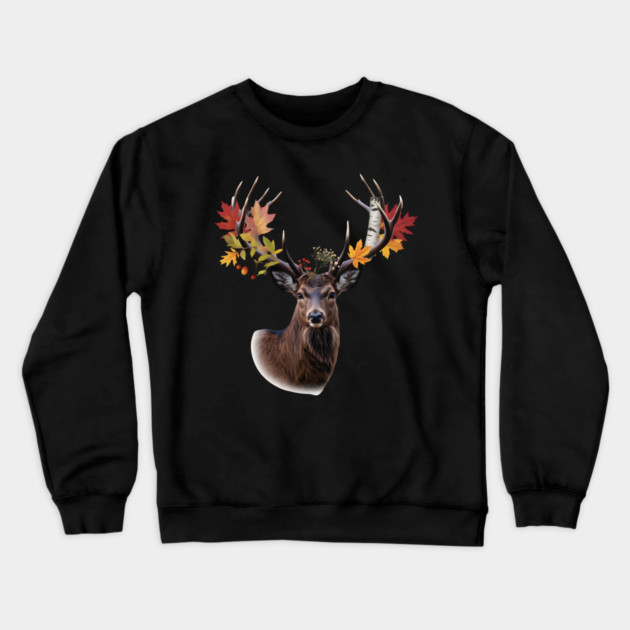 Autumn Woodland Deer with Leaf-Filled Antlers Crewneck Sweatshirt by BirdsnStuff