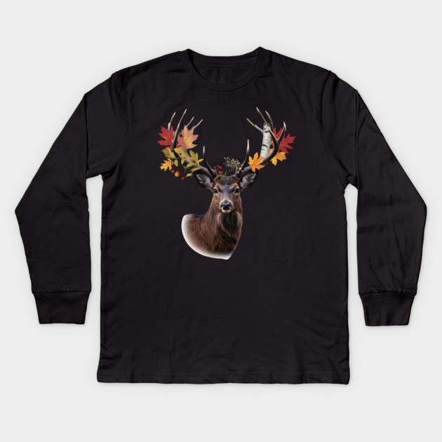 Autumn Woodland Deer with Leaf-Filled Antlers Kids Long Sleeve T-Shirt by BirdsnStuff