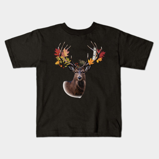 Autumn Woodland Deer with Leaf-Filled Antlers Kids T-Shirt by BirdsnStuff