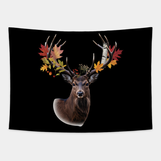 Autumn Woodland Deer with Leaf-Filled Antlers Tapestry by BirdsnStuff