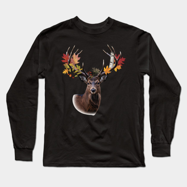 Autumn Woodland Deer with Leaf-Filled Antlers Long Sleeve T-Shirt by BirdsnStuff