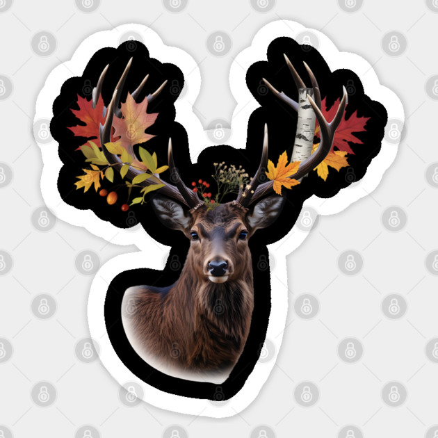 Autumn Woodland Deer with Leaf-Filled Antlers Sticker by BirdsnStuff