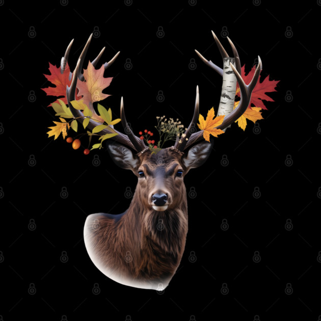 Autumn Woodland Deer with Leaf-Filled Antlers by BirdsnStuff