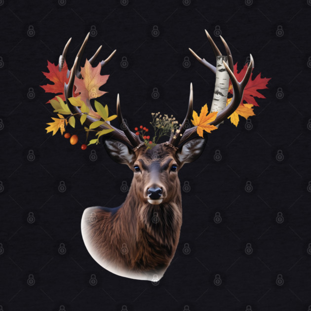 Autumn Woodland Deer with Leaf-Filled Antlers by BirdsnStuff