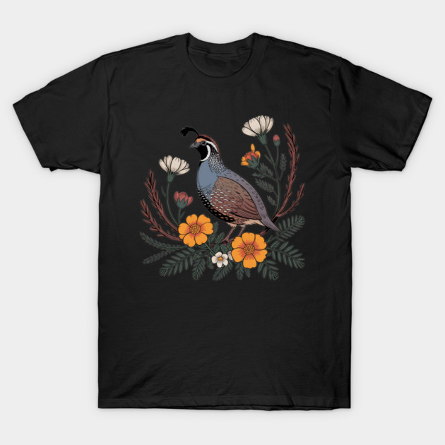 Vintage Quail with California Wildflowers T-Shirt by BirdsnStuff